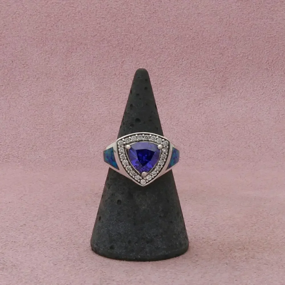 sterling silver fire opal tanzanite & cz ring size 6